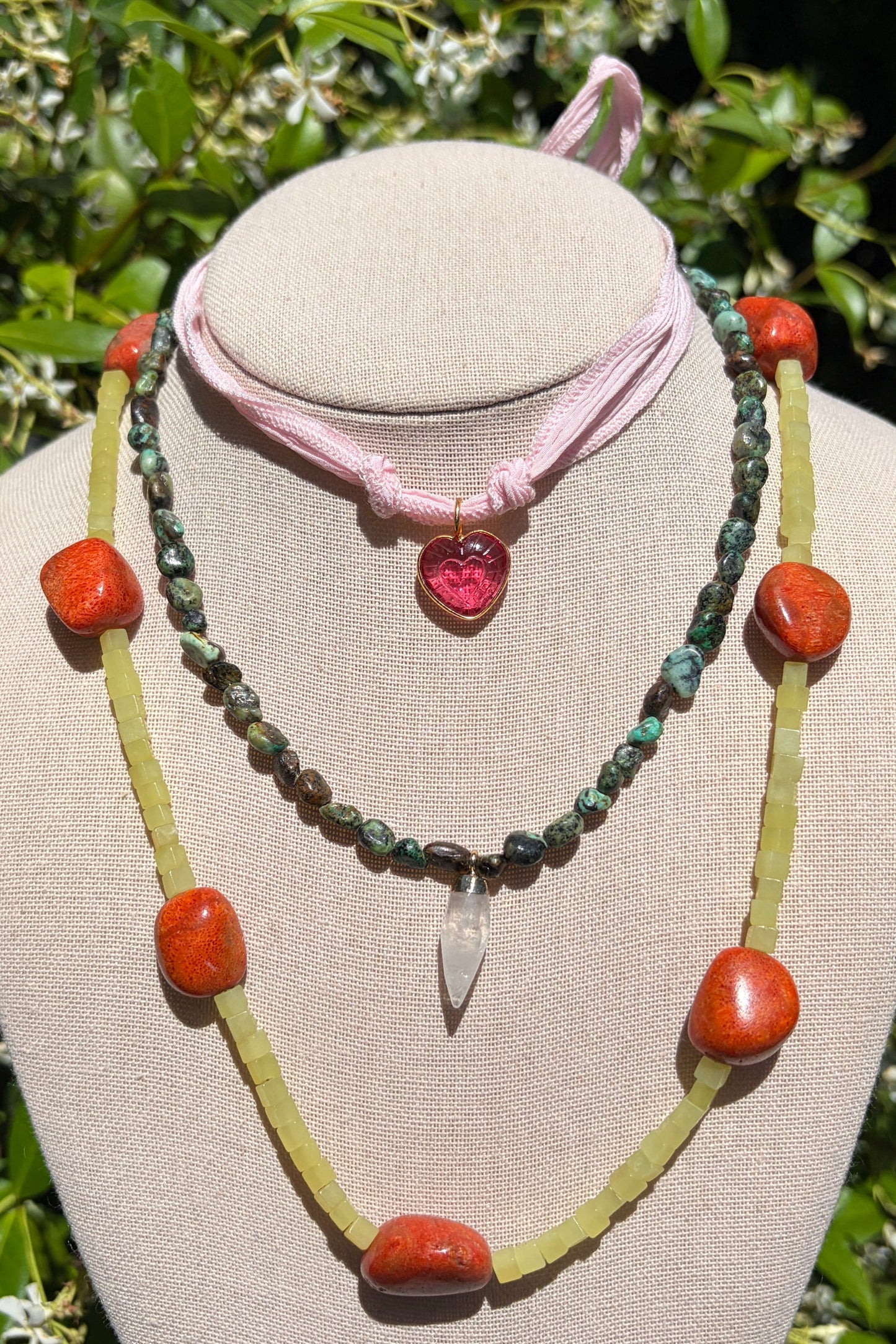 Stacker Set: Pink Tourmaline, Turquoise + Quartz and Yellow Jade + Sponge Coral