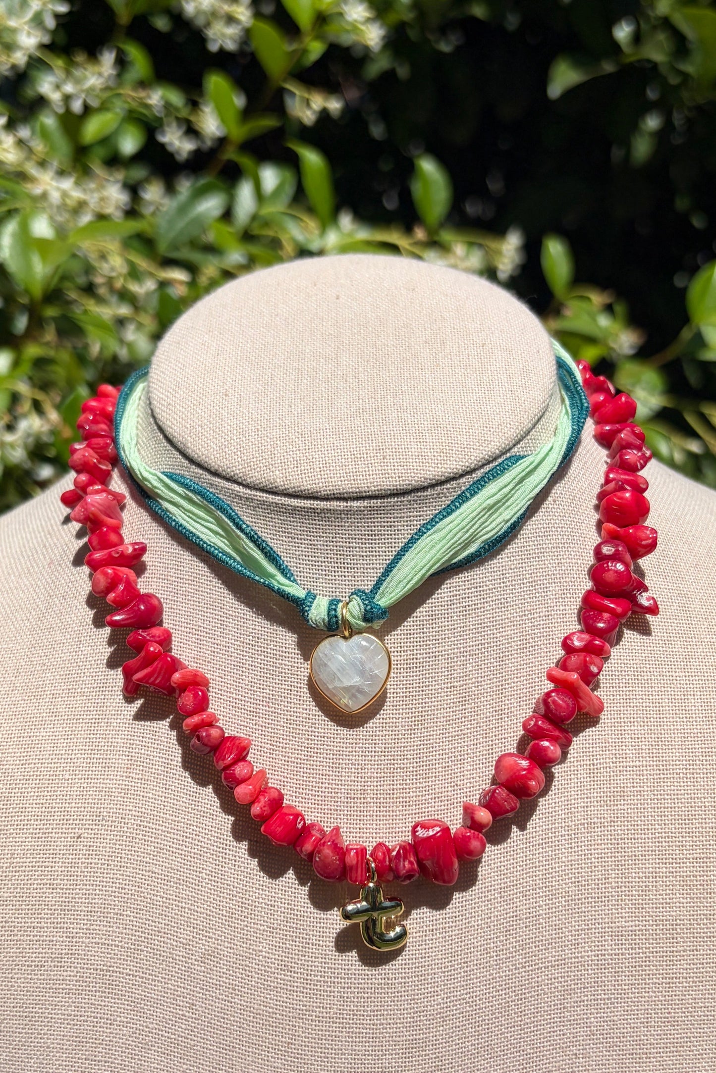 Stacker Set: Coral Initial Necklace + Moonstone Heart on Silk Cord