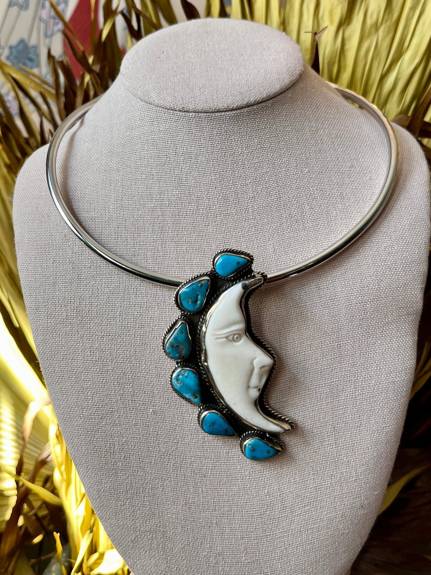 Turquoise + Carved Bone Moon