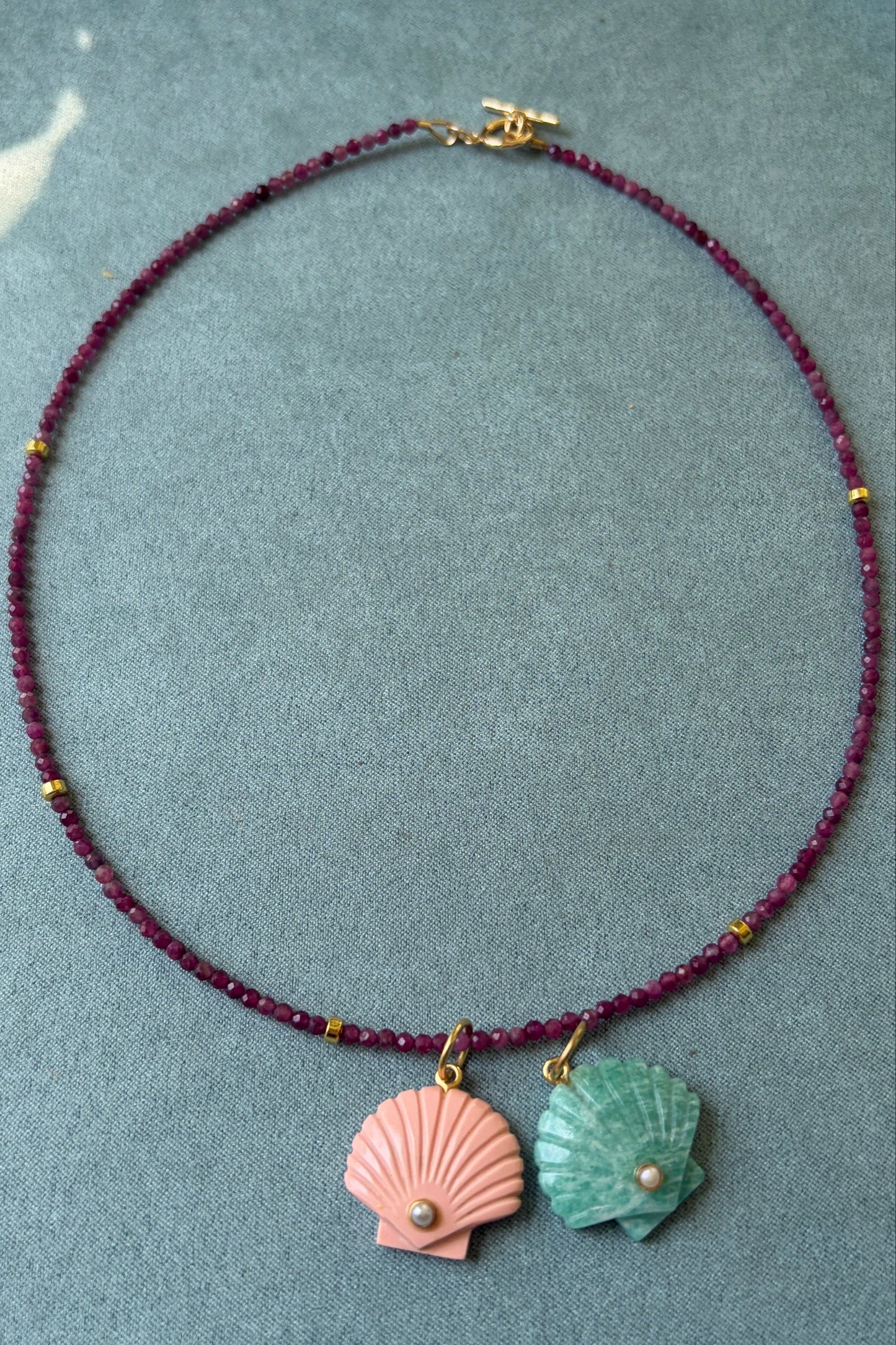 Pink Tourmaline + Carved Shell