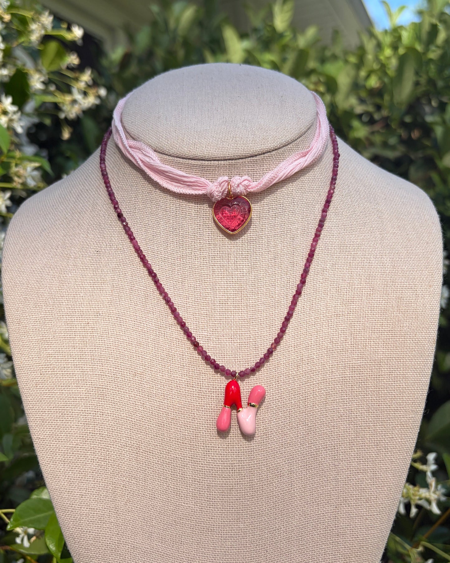 Stacker Set: Pink Tourmaline Heart + Initial Necklace