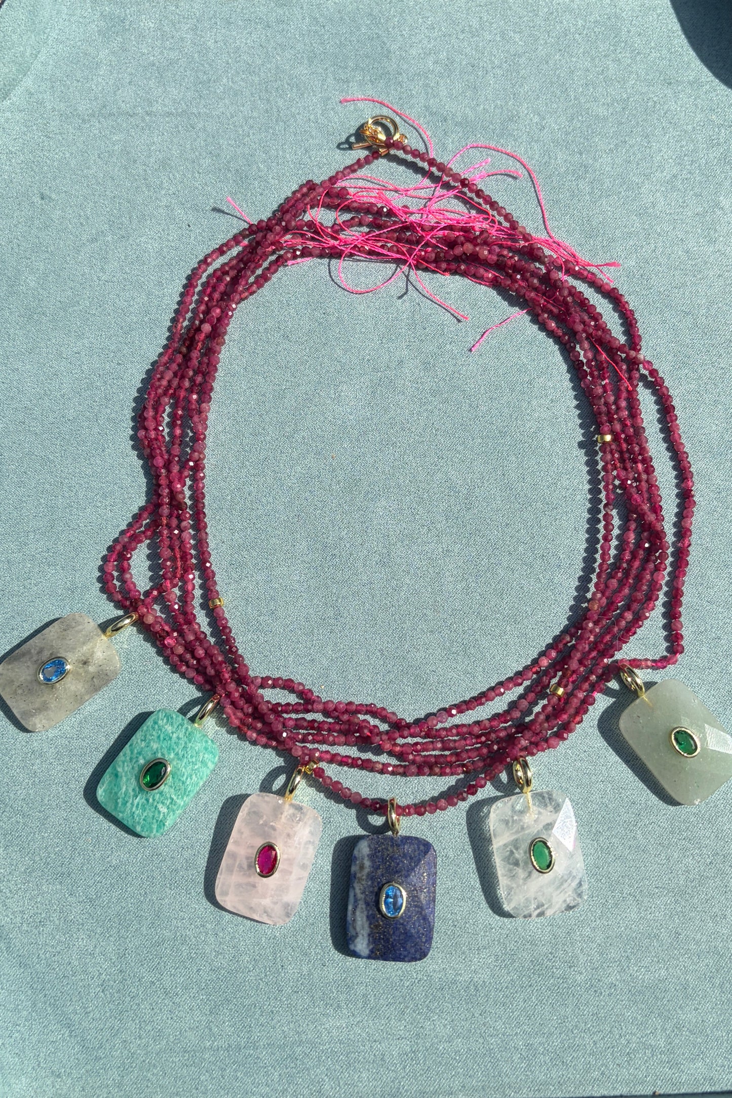 Pink tourmaline, Gold Accents + Faceted Gemstone Charms
