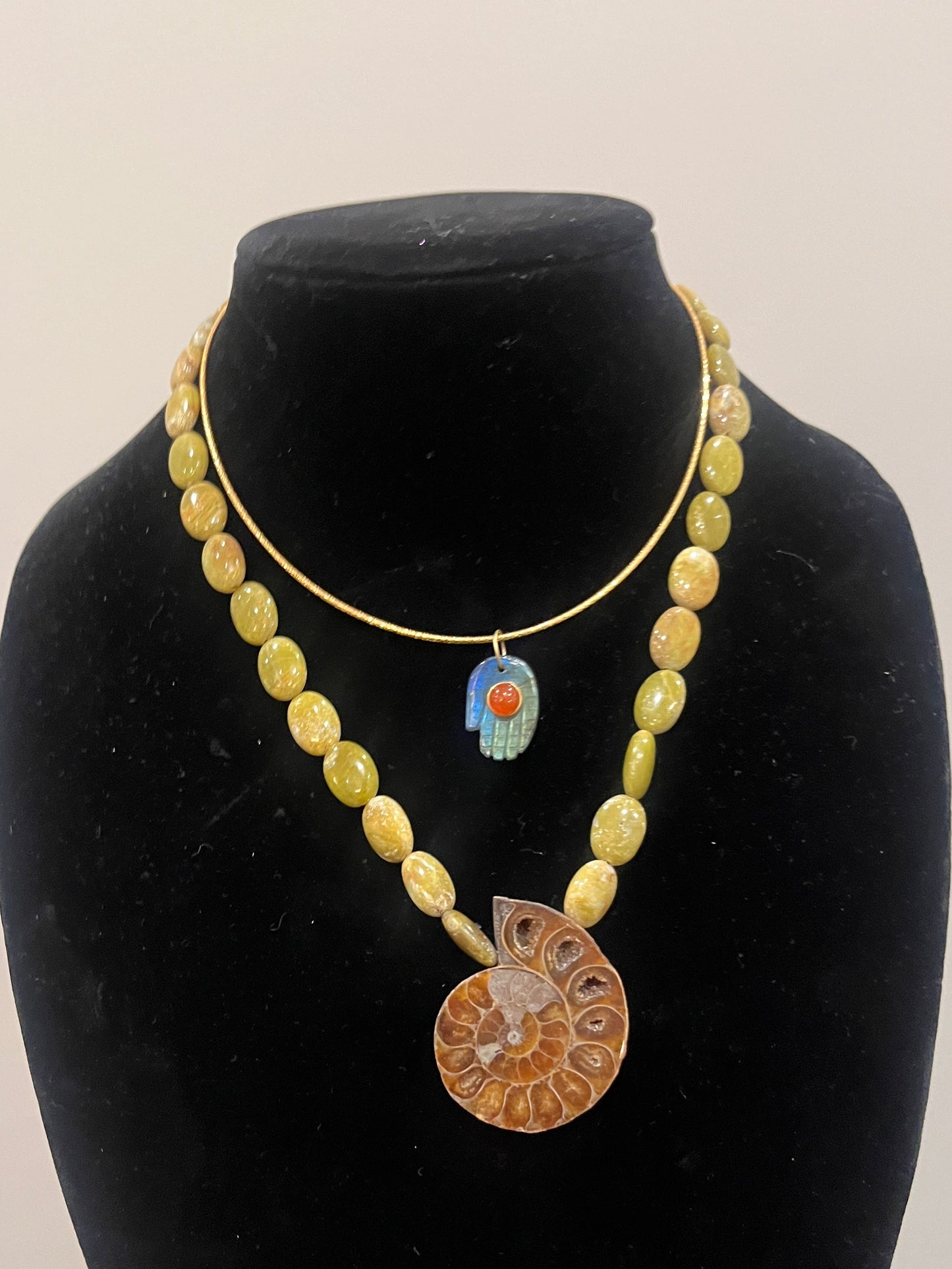 Stacker Set: Labradorite Hamsa Hand + Jade with Nautilus