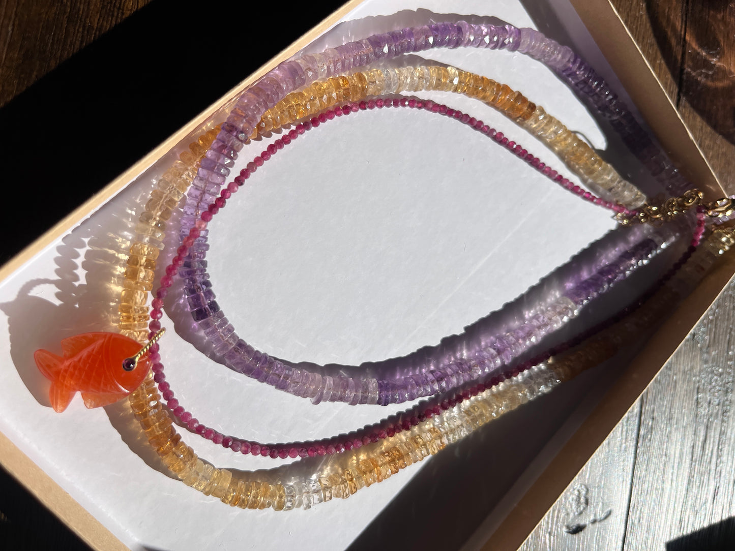 Stacker Set: Amethyst, Citrine, + Pink Tourmaline with Carnelian Carved Fish