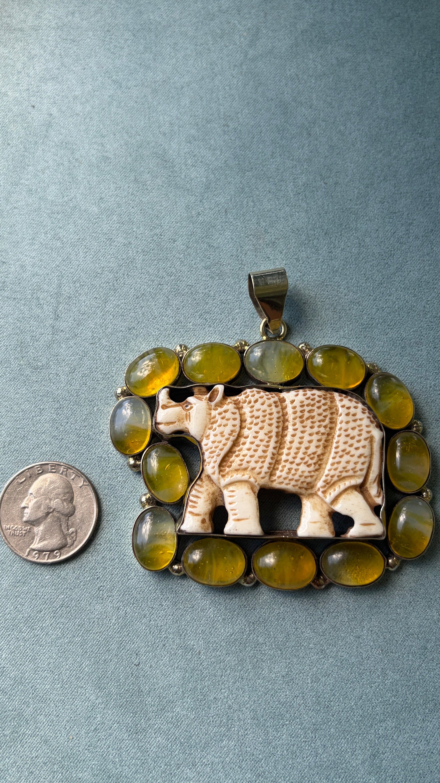 Carved Bone Rhino + Agate Charm