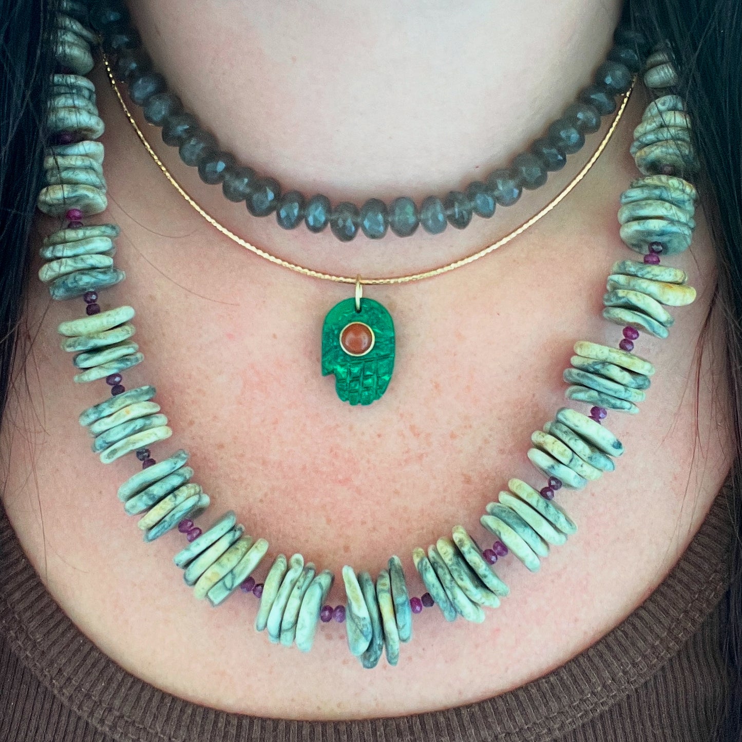 Budhha Hand Carved Gemstone on 15.5" Choker Gold Cord