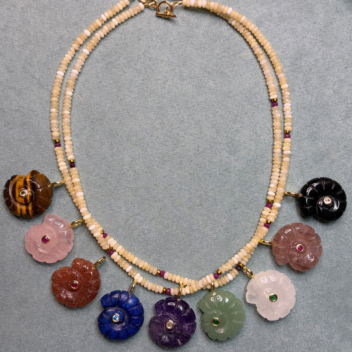 Amethyst Gemstone Nautilus, Rubies, Brass + Calcite