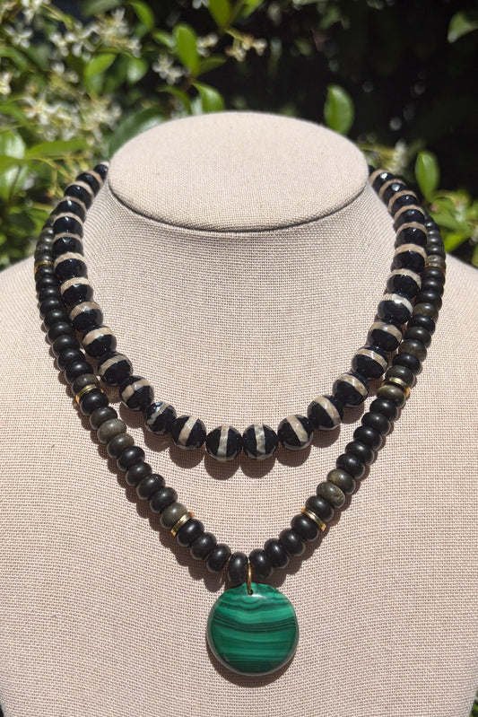 Stacker Set: Obsidian + Malachite and Tibetan Agate