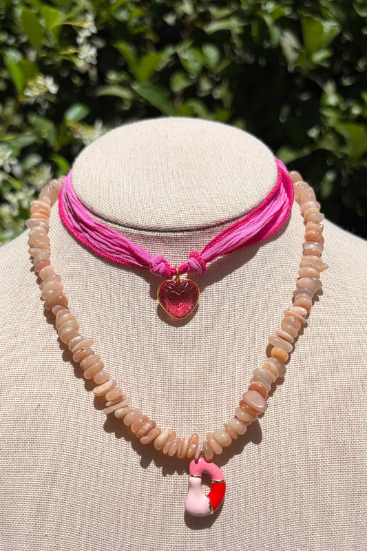 Stacker Set: Pink Moonstone Initial Necklace + Pink Tourmaline Heart Choker