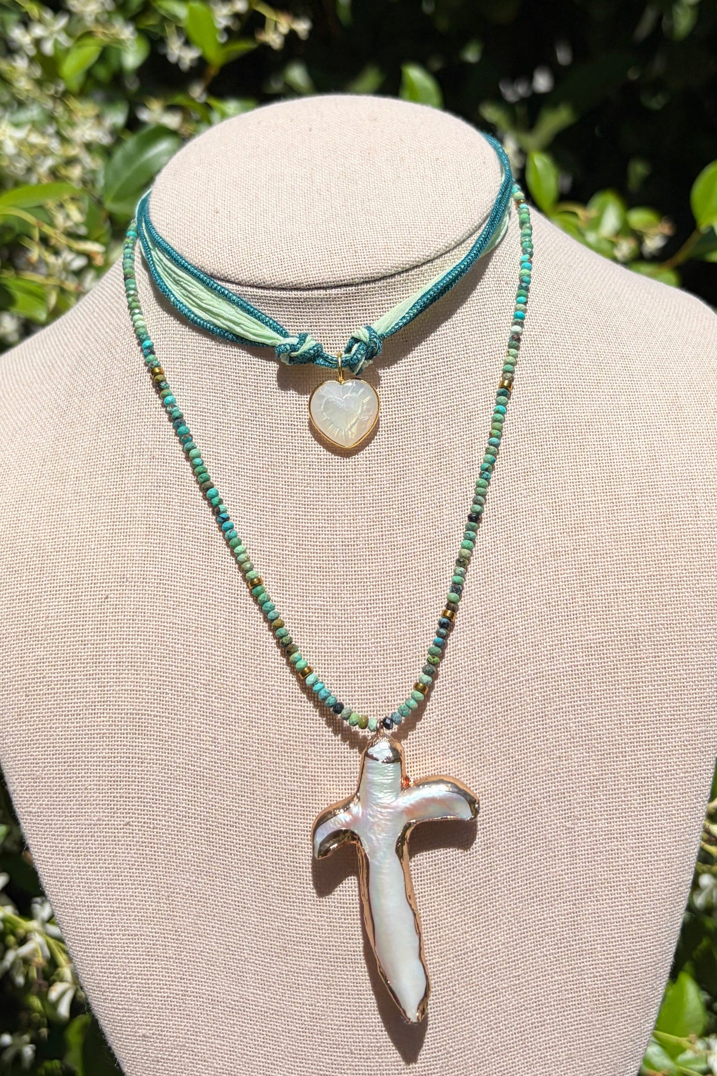 Stacker Set: Moonstone Heart Choker + Turquoise + Pearl