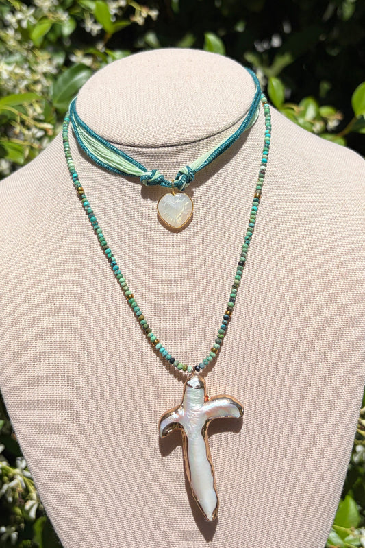 Stacker Set: Moonstone Heart Choker + Turquoise + Pearl