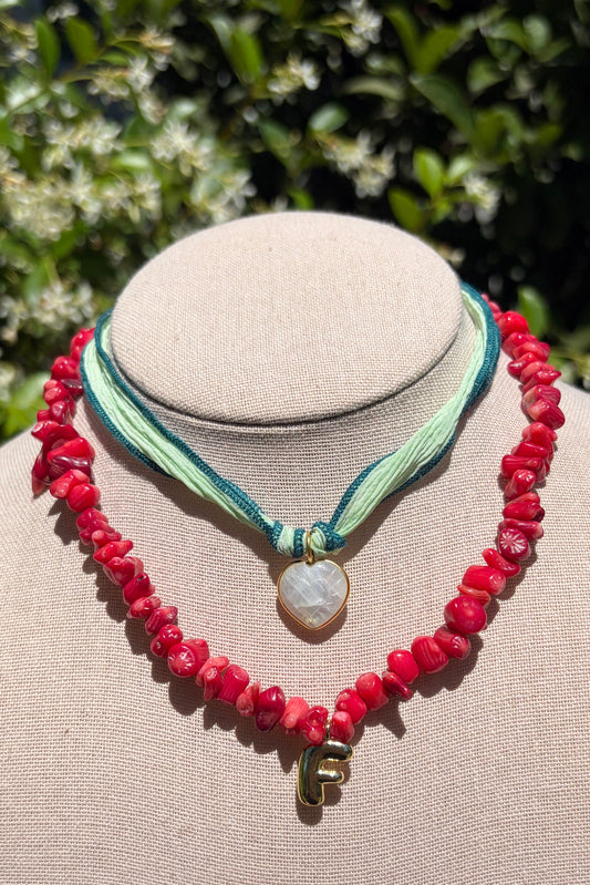Stack Set: Coral Initial Necklace + Moonstone Heart on Silk Cord