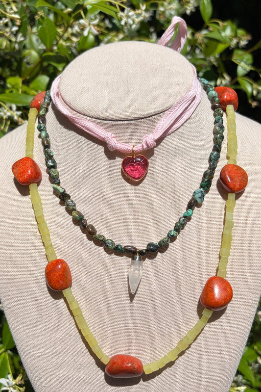 Stacker Set: Pink Tourmaline, Turquoise + Quartz and Yellow Jade + Sponge Coral