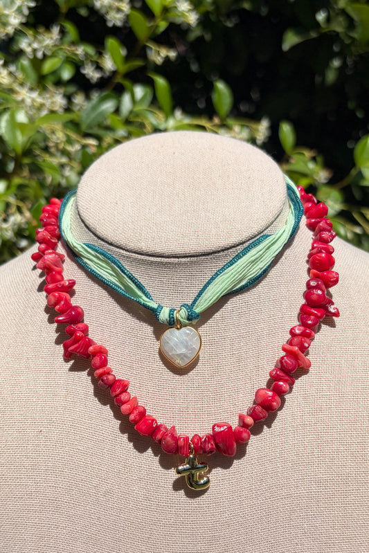 Stacker Set: Coral Initial Necklace + Moonstone Heart on Silk Cord