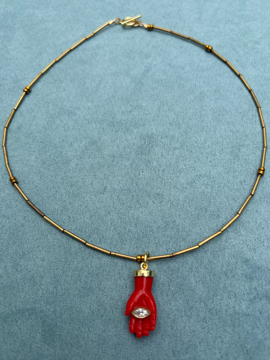 Mixed Metals + Carved Coral Hamsa Hand