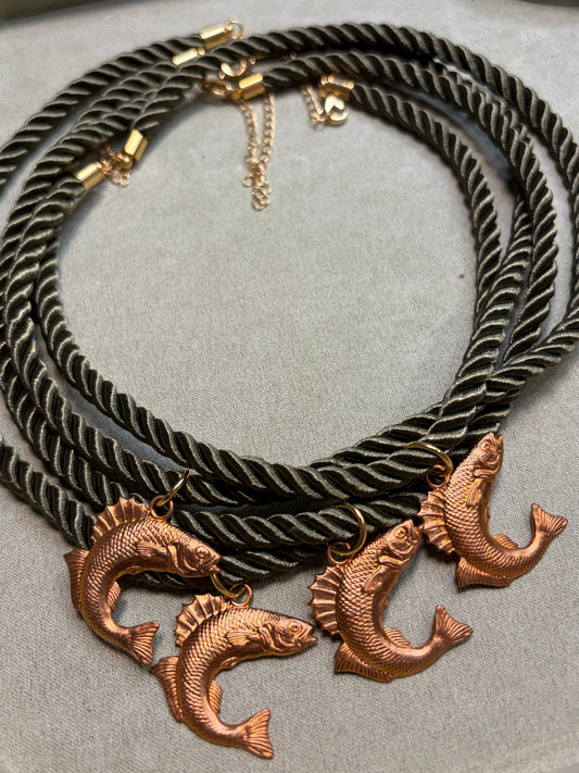 Vintage Stamped Brass Fish + Cord