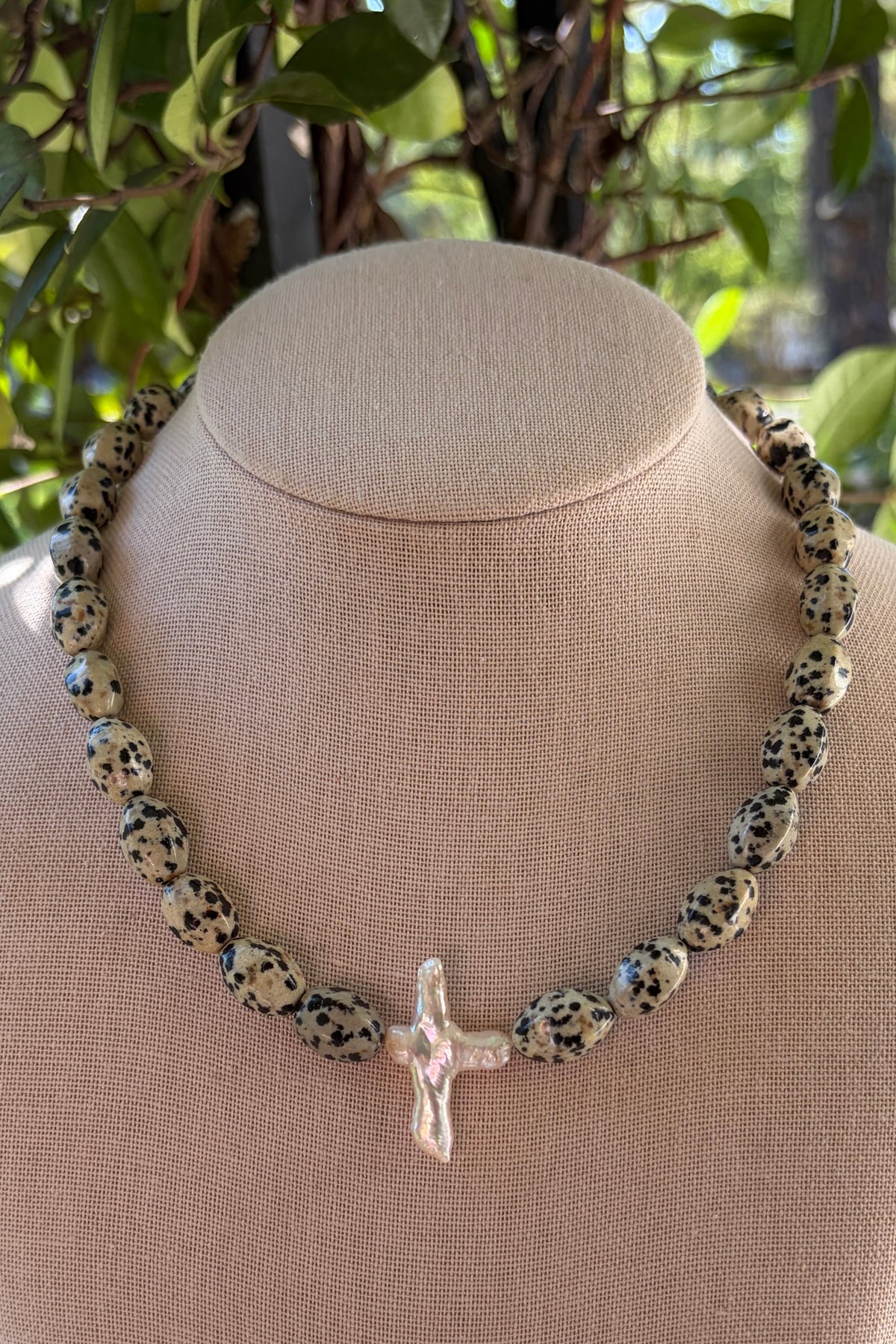 Dalmatian Jasper + Pearl Cross