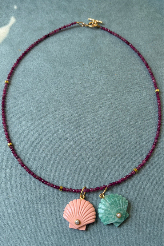 Pink Tourmaline + Carved Shell