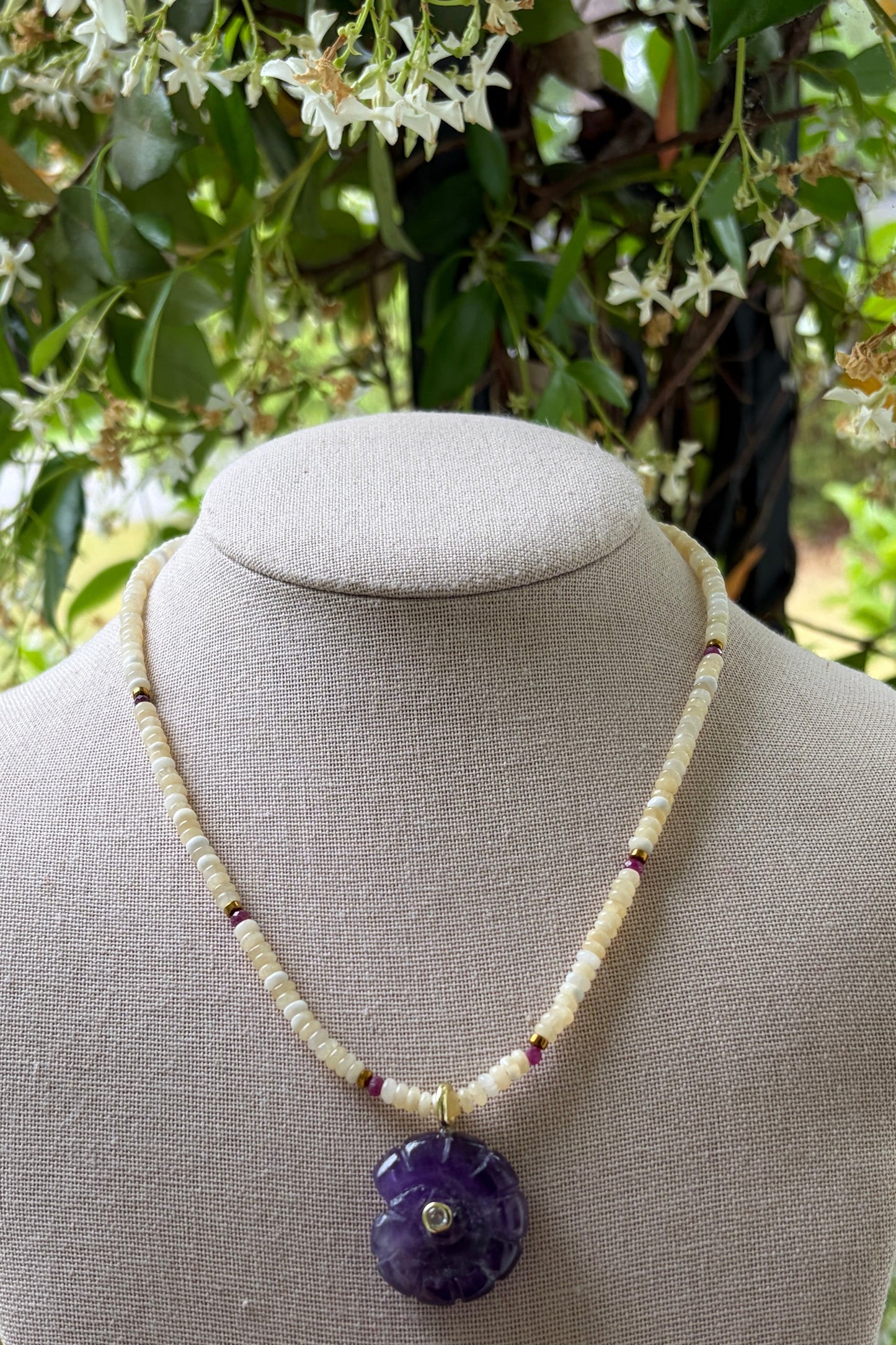 Amethyst Gemstone Nautilus, Rubies, Brass + Calcite