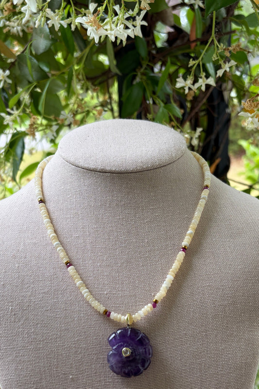 Amethyst Gemstone Nautilus, Rubies, Brass + Calcite