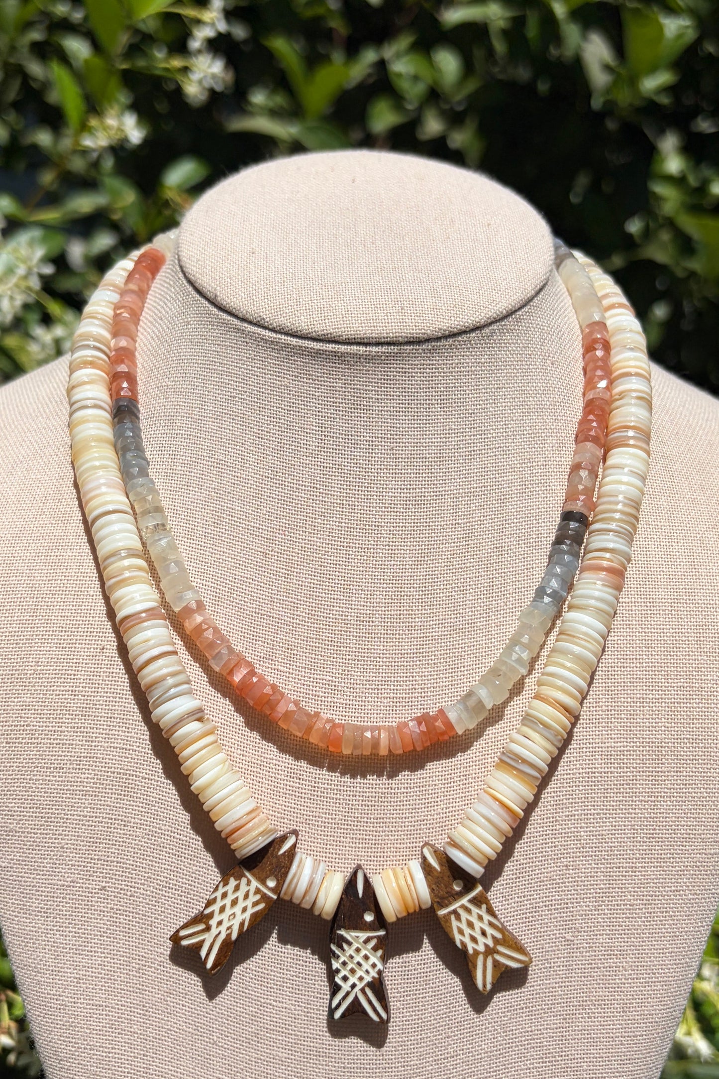 Stacker Set: Moonsone Heishi + Shell and Wooden Fish Necklace