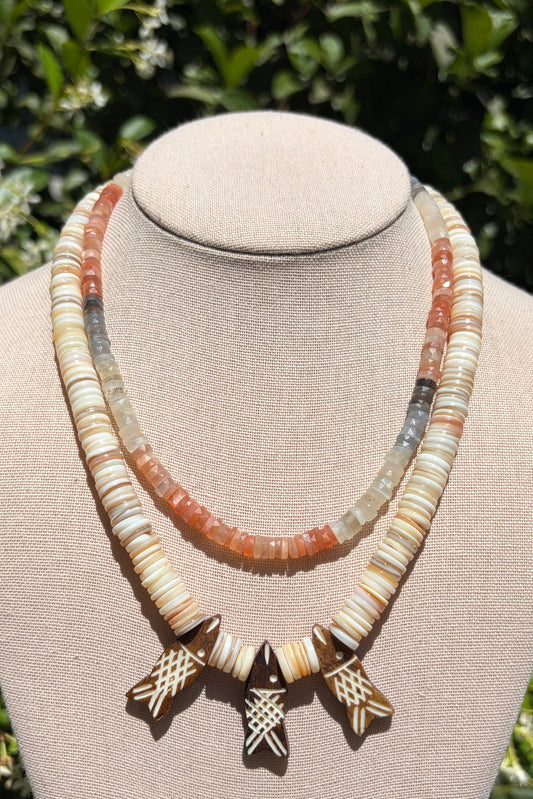 Stacker Set: Moonsone Heishi + Shell and Wooden Fish Necklace