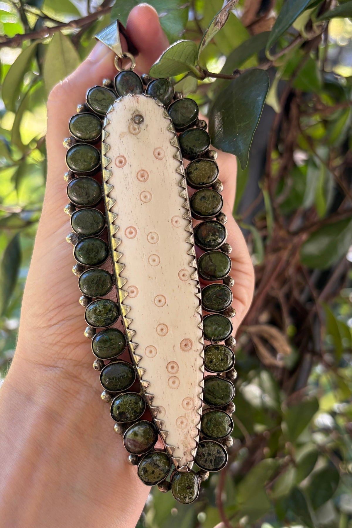 Carved Bone + Moss Jasper Charm