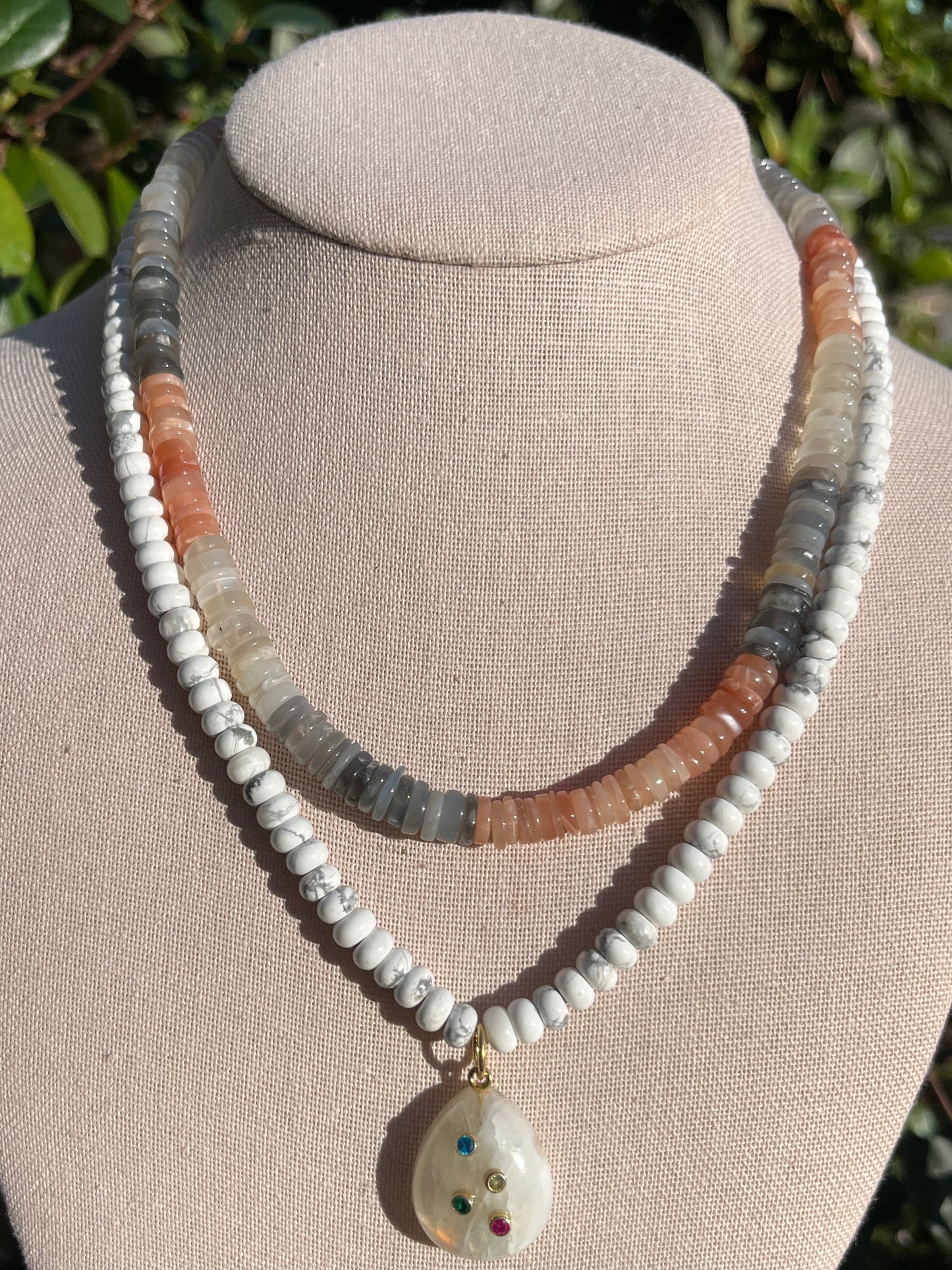 Stacker Set: Moonstone Stacker + Howlite Necklace with Moonstone Pendant