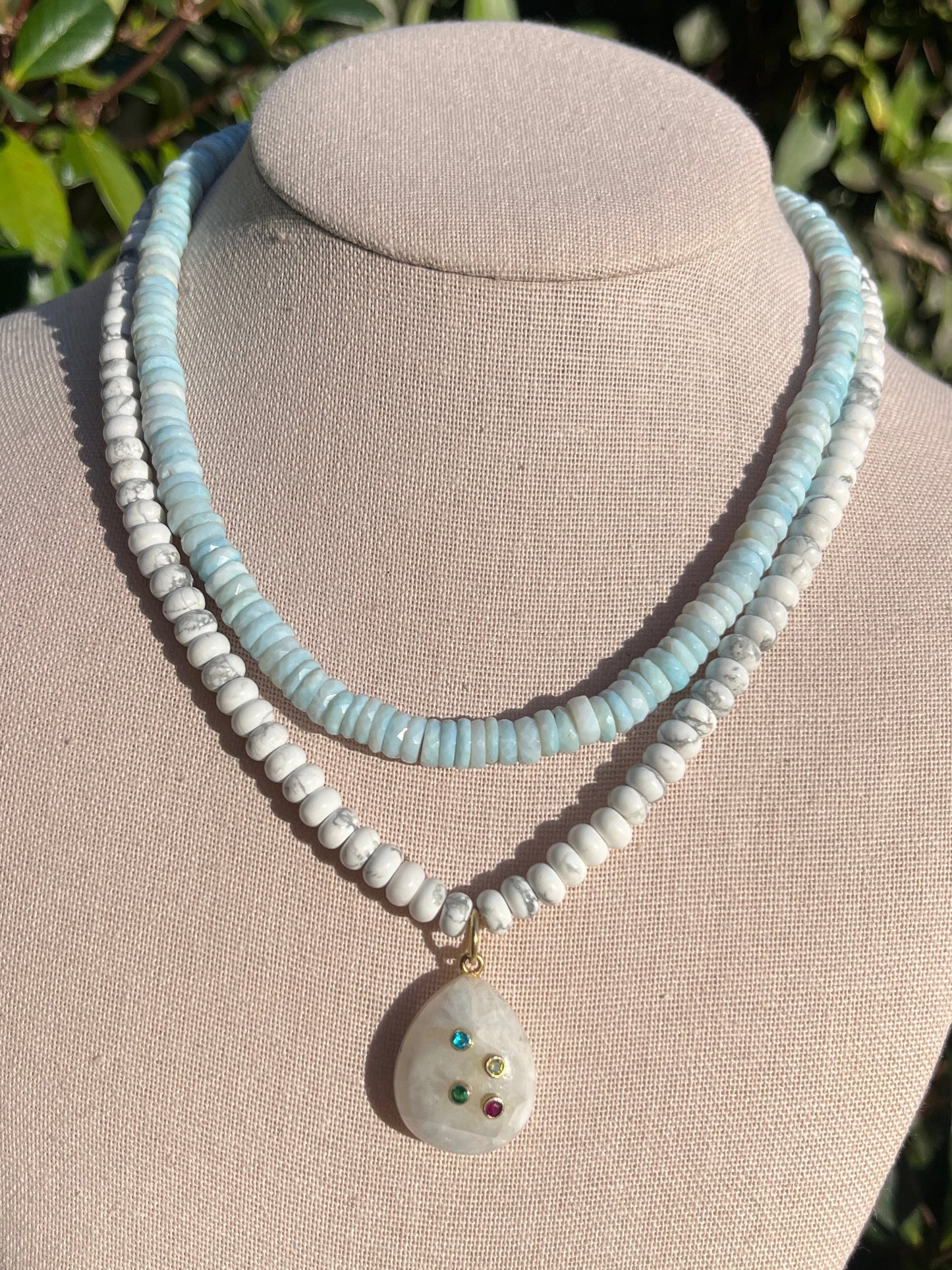 Stacker Set: Opal Heishi + White Howlite with Moonstone Pendant