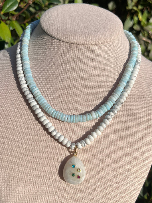 Stacker Set: Opal Heishi + White Howlite with Moonstone Pendant