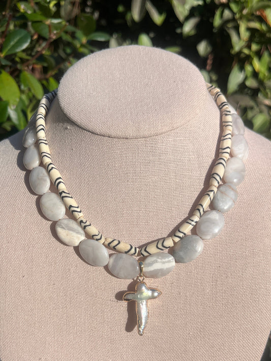 Stacker Set: Bone Stacker + Opals with Pearl Cross