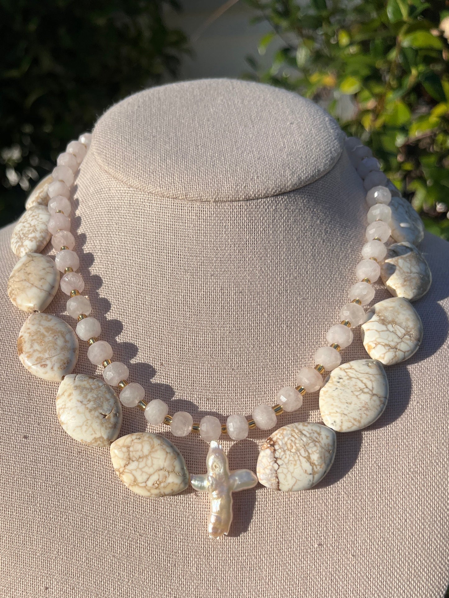 Stacker Set: Rose Quartz + White Turquoise with Pearl Cross