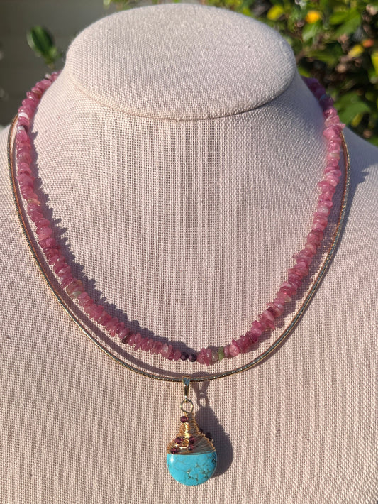 Stacker Set: Pink Tourmaline + Turquoise on Gold Cord