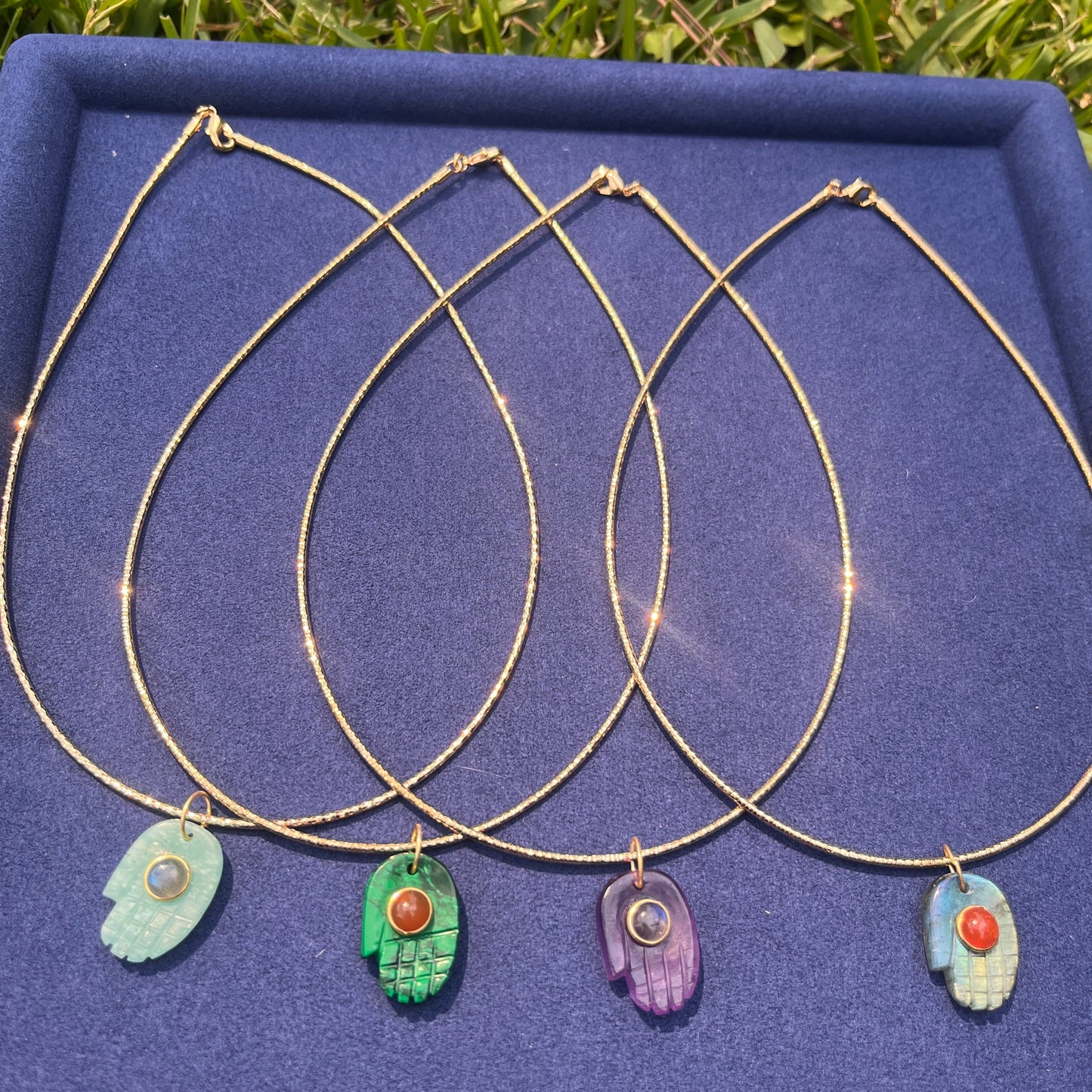 Budhha Hand Carved Gemstone on 15.5" Choker Gold Cord