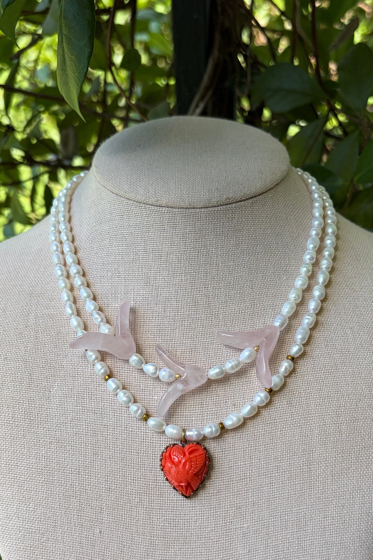 Stacker Set: Pearls with Vintage Glass Carved Heart + Pearls with Rose Quartz Petals