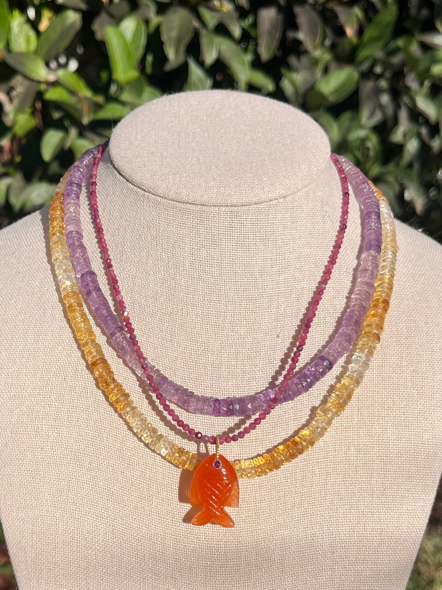 Stacker Set: Amethyst, Citrine, + Pink Tourmaline with Carnelian Carved Fish