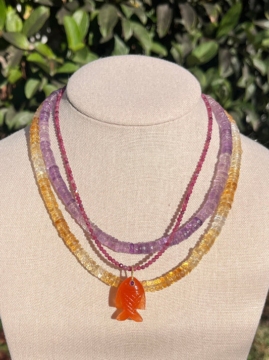 Stacker Set: Amethyst, Citrine, + Pink Tourmaline with Carnelian Carved Fish