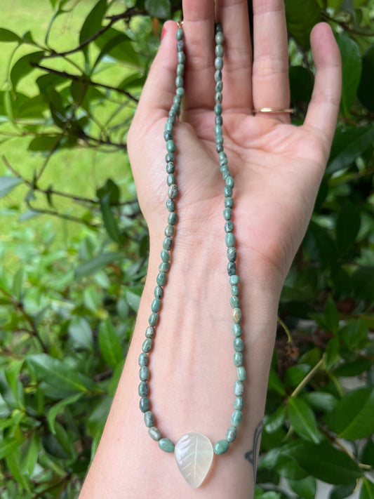 Blue Jade + Carved Jade Leaf