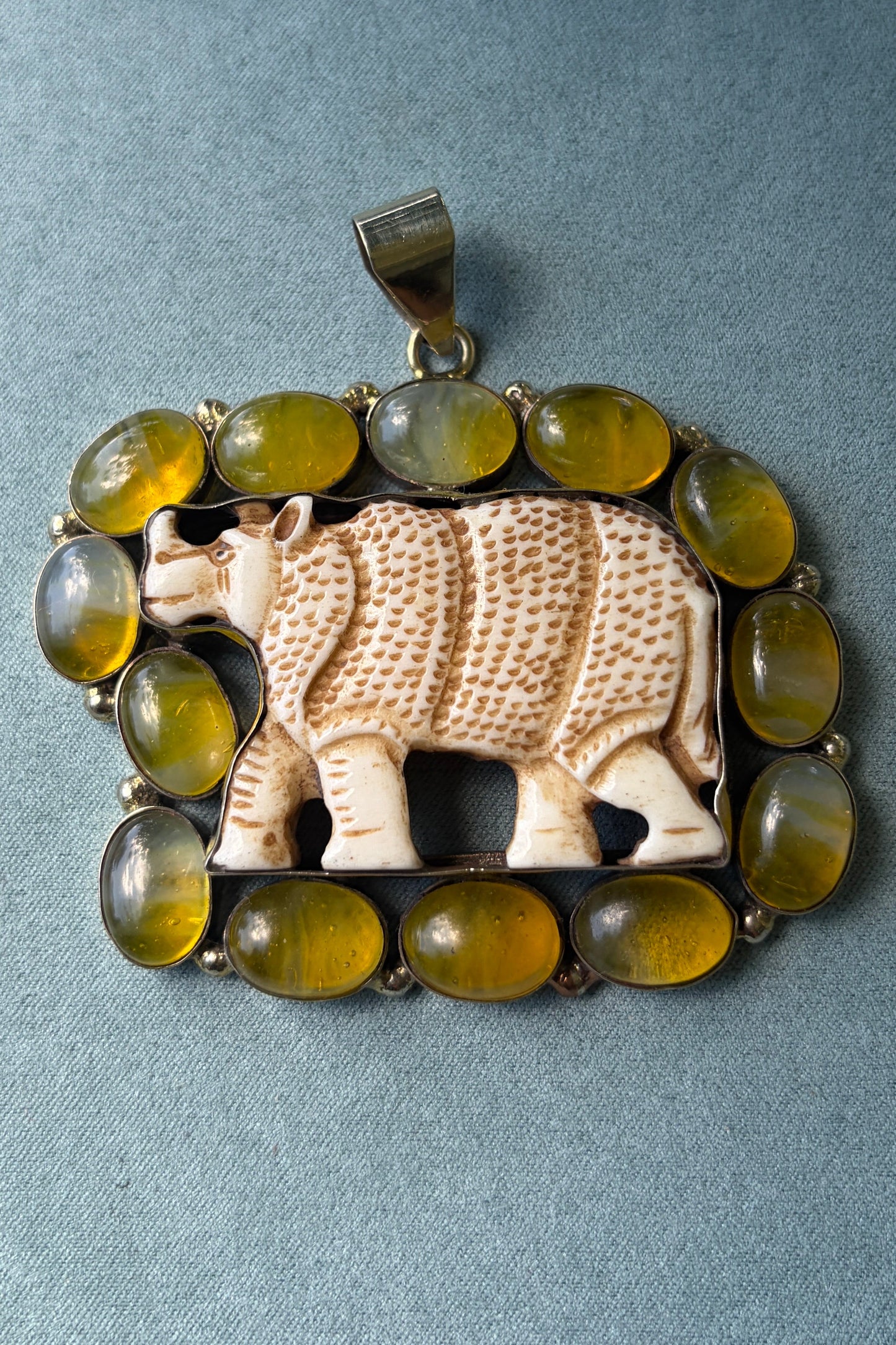 Carved Bone Rhino + Agate Charm