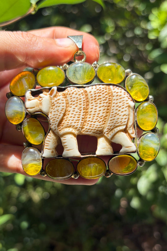 Carved Bone Rhino + Agate Charm